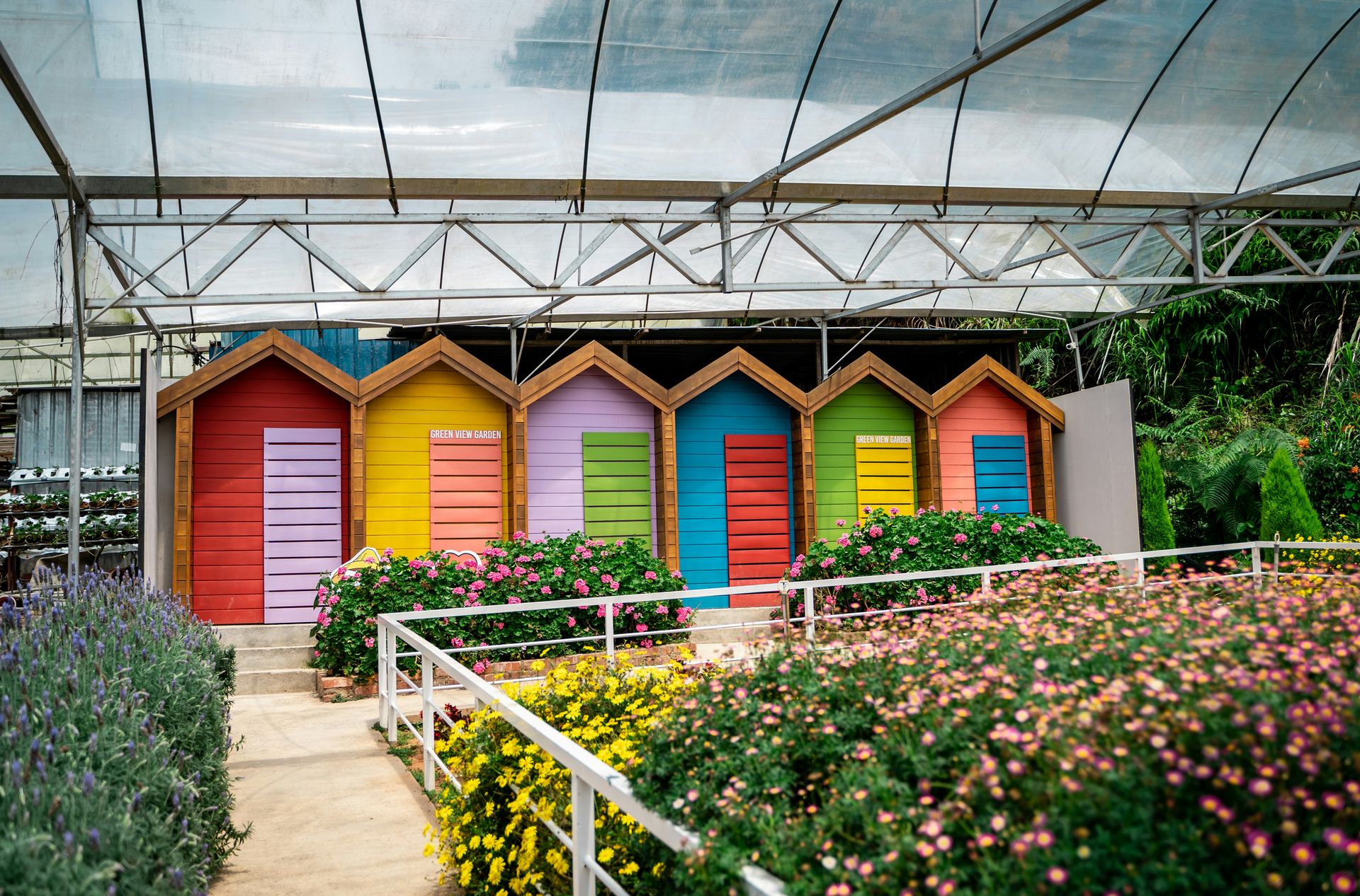 a row of colorful beach huts in a garden